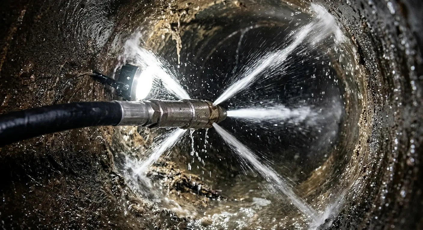 High-pressure hydro jetting nozzle cleaning sewer pipe for Sewer Line Relining in Fullerton