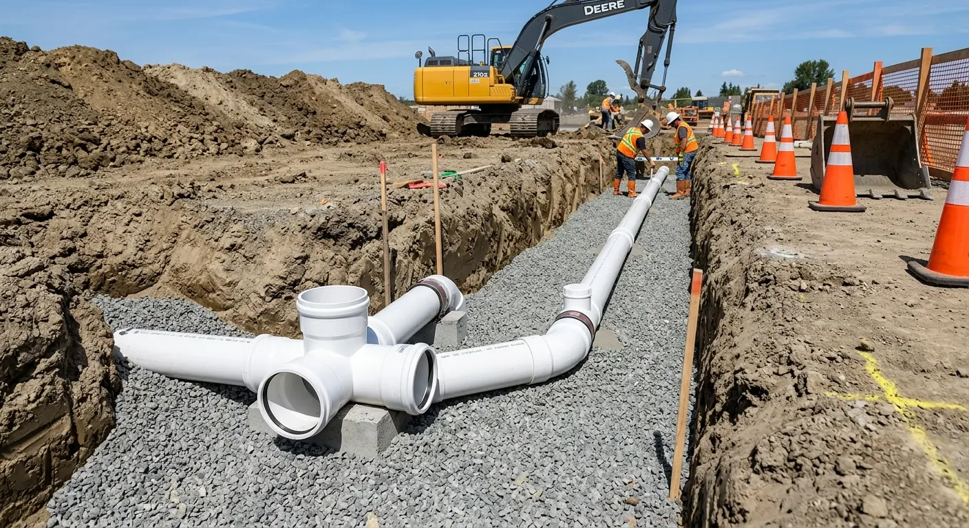 New PVC sewer pipe installation in open trench for Grease Trap Cleaning in Fullerton