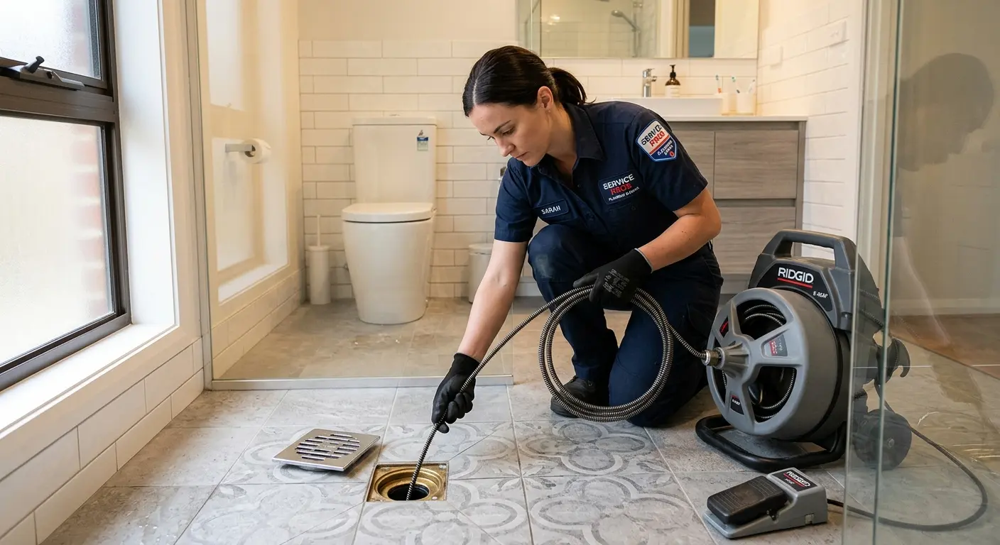 Technician clearing a bathroom floor drain for Sewer Line Installation in Fullerton